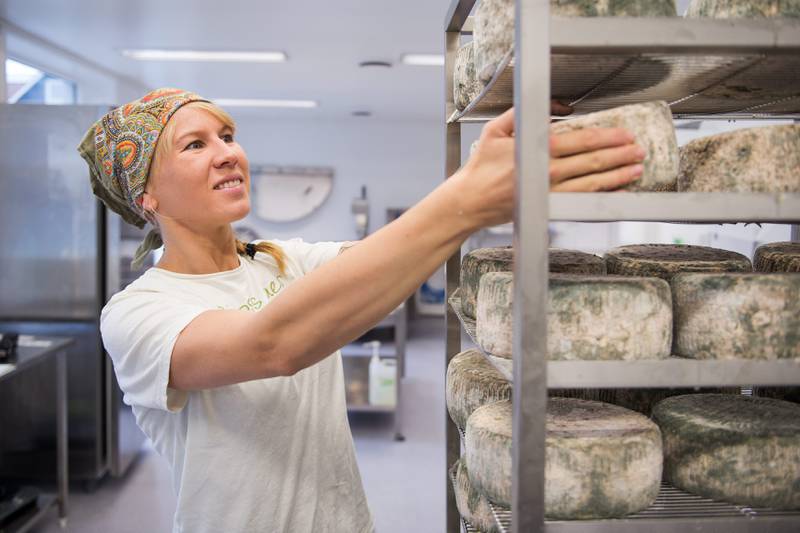 Lise Brunborg på Stavanger Ysteri sjekker hvor langt blåmuggostene har kommet i lagringsprosessen. Blåmuggostene skal lagres i tre til seks måneder, mens de harde, hvite ostene lagres i et helt år.