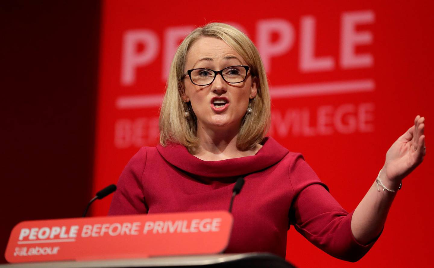 Rebecca Long-Bailey, Britain's Shadow Business secretary speaks on stage during the Labour Party Conference at the Brighton Centre in Brighton, England, Tuesday, Sept. 24, 2019. (AP Photo/Kirsty Wigglesworth)