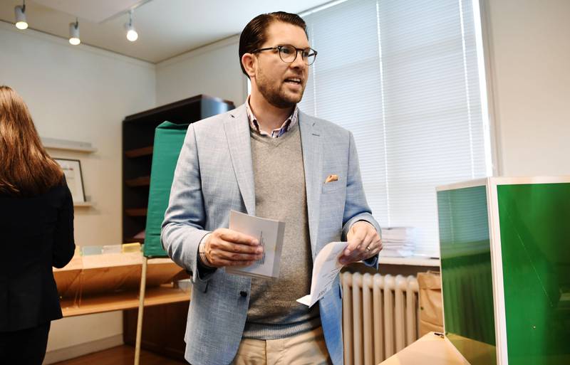 STOCKHOLM 20180909
Sverigedemokraternas partiledare Jimme Åkesson (SD) röstade i Stockholms stadshus under valdagen 2018. 
Foto: Stina Stjernkvist / TT / kod 1161
