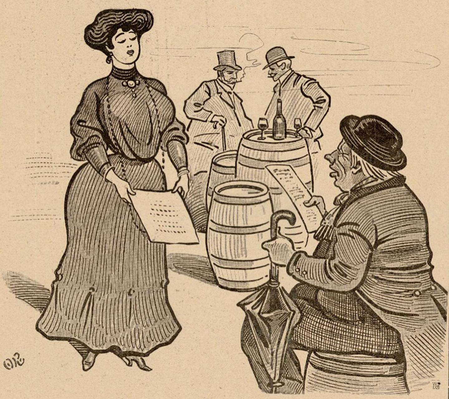 Disegno di un uomo con cappello seduto su una botte.  La ragazza in vestito e cappello viene fornita con il menu.  Sullo sfondo due uomini fumano e bevono.