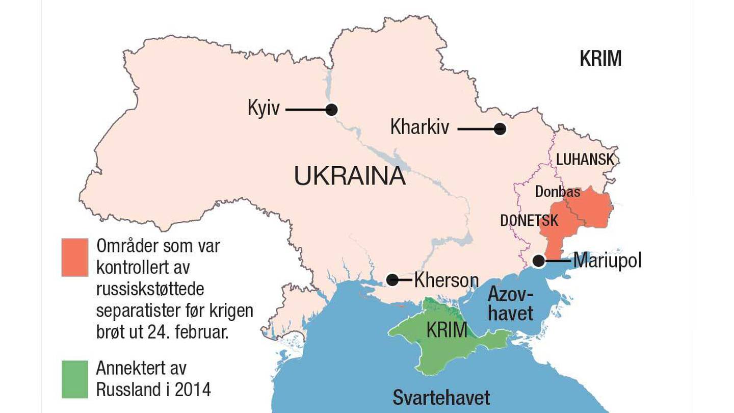 Donbas-området i Ukraina består av de to oblastene (provinsene) Luhansk og Donetsk. Russland har mål om å ta kontroll over hele dette området. Nato tror også Russland vil forsøke å ta kontroll over hele området langs kysten ned til Krim. Grafikk: Dagsavisen