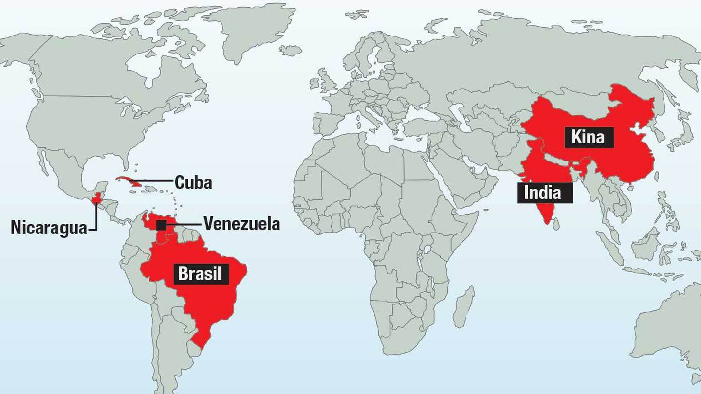 Verdenskart der Brasil, Venezuela, Nicaragua, Cuba, India og Kina er markert i rødt
