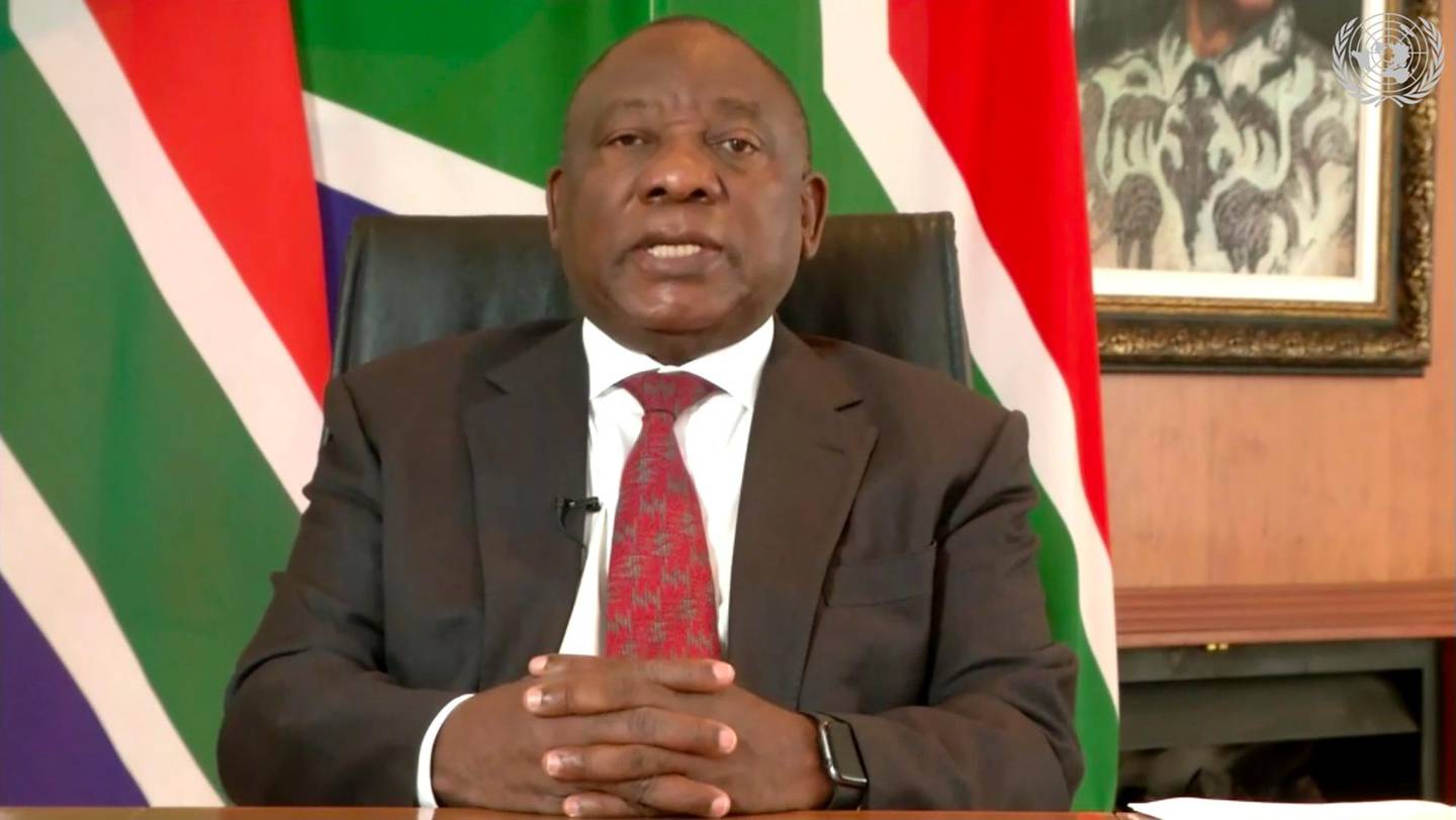 In this image made from UNTV video, Cyril Ramaphosa, President to South Africa, speaks in a pre-recorded message which was played during the U.N. General Assembly's special session to discuss the response to COVID-19 and the best path to recovery from the pandemic, Thursday, Dec. 3, 2020, at UN headquarters in New York. (UNTV via AP)