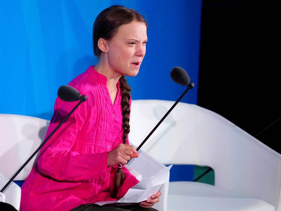 Kommer ikke til å tilgi: Klimaaktivisten Greta Thuberg (16) taler til verdenslederne under FN sitt klimatoppmøte. FOTO: CARLOS ALLEGRI \ NTB SCANPIX