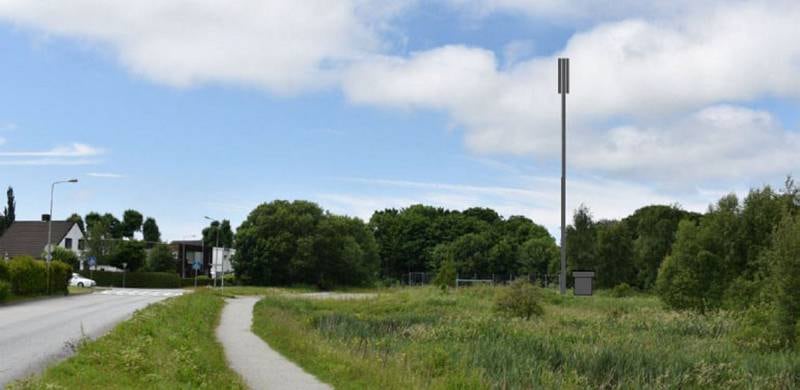 Mobilselskapet Telia ønsker å bygge en 31 meter høy mobilmast ved fotballbanen ved Litle Stokkavatn. Illustrasjon: Jostein Ravndal