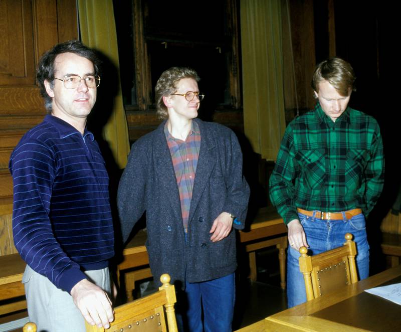 Ikkevold-saken i Oslo byrett i 1986.  Ivar Johansen (t.v.), Ole G. Moseng (i midten) og Helge Strand Østtveiten. FOTO: SCANPIX