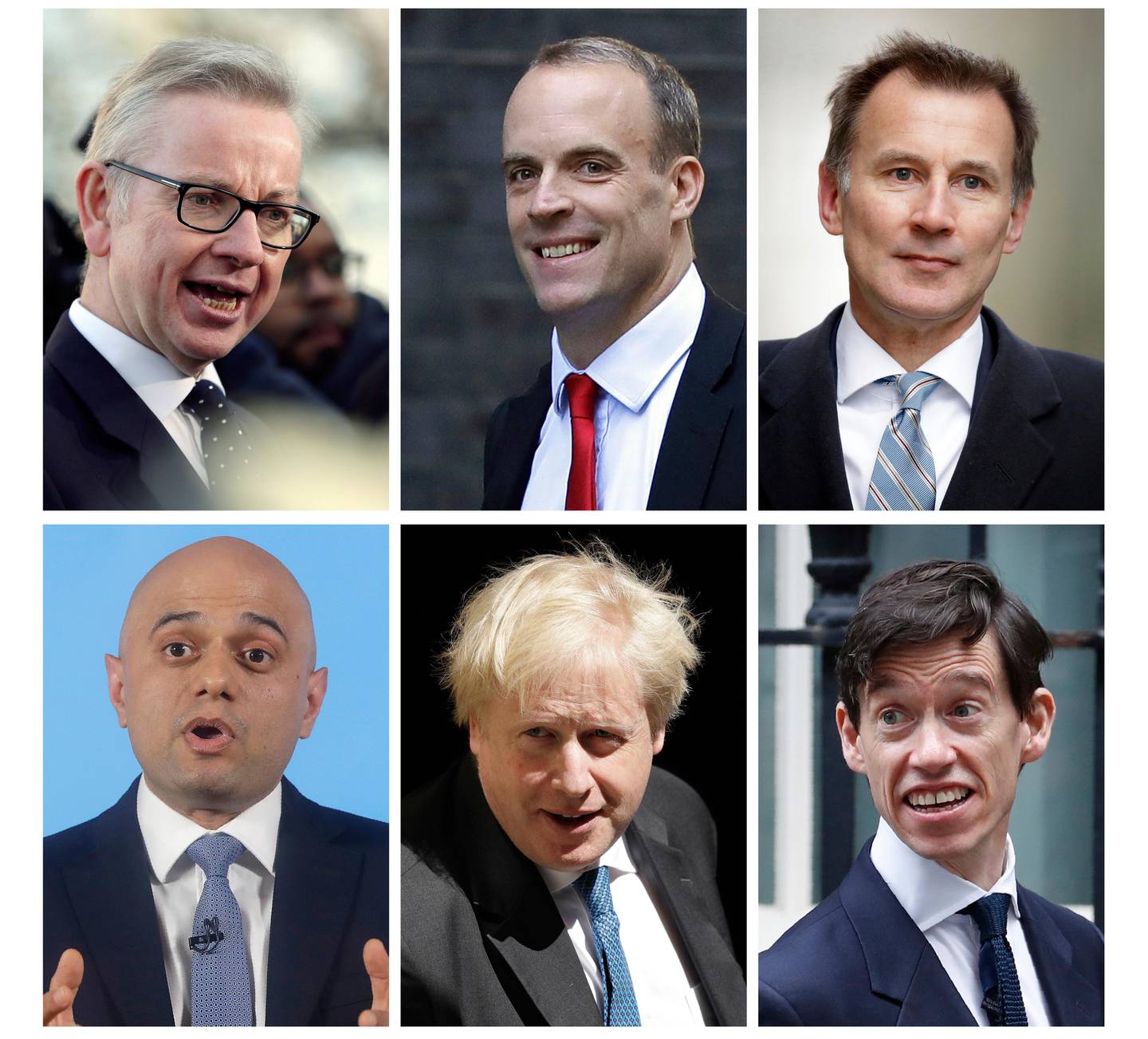 This combination photo made up of file photos, shows the remaining six contenders in the Conservative Party leadership race Friday June 14, 2019. Top from left: Michael Gove, Dominic Raab, Jeremy Hunt, and bottom from left: Sajid Javid, Boris Johnson, Rory Stewart.  Conservative Party legislators will hold more elimination votes next week, with the final two contenders put to a vote of 160,000 Conservative Party members nationwide and the winner will become Conservative leader and prime minister. (AP FILE Photo)