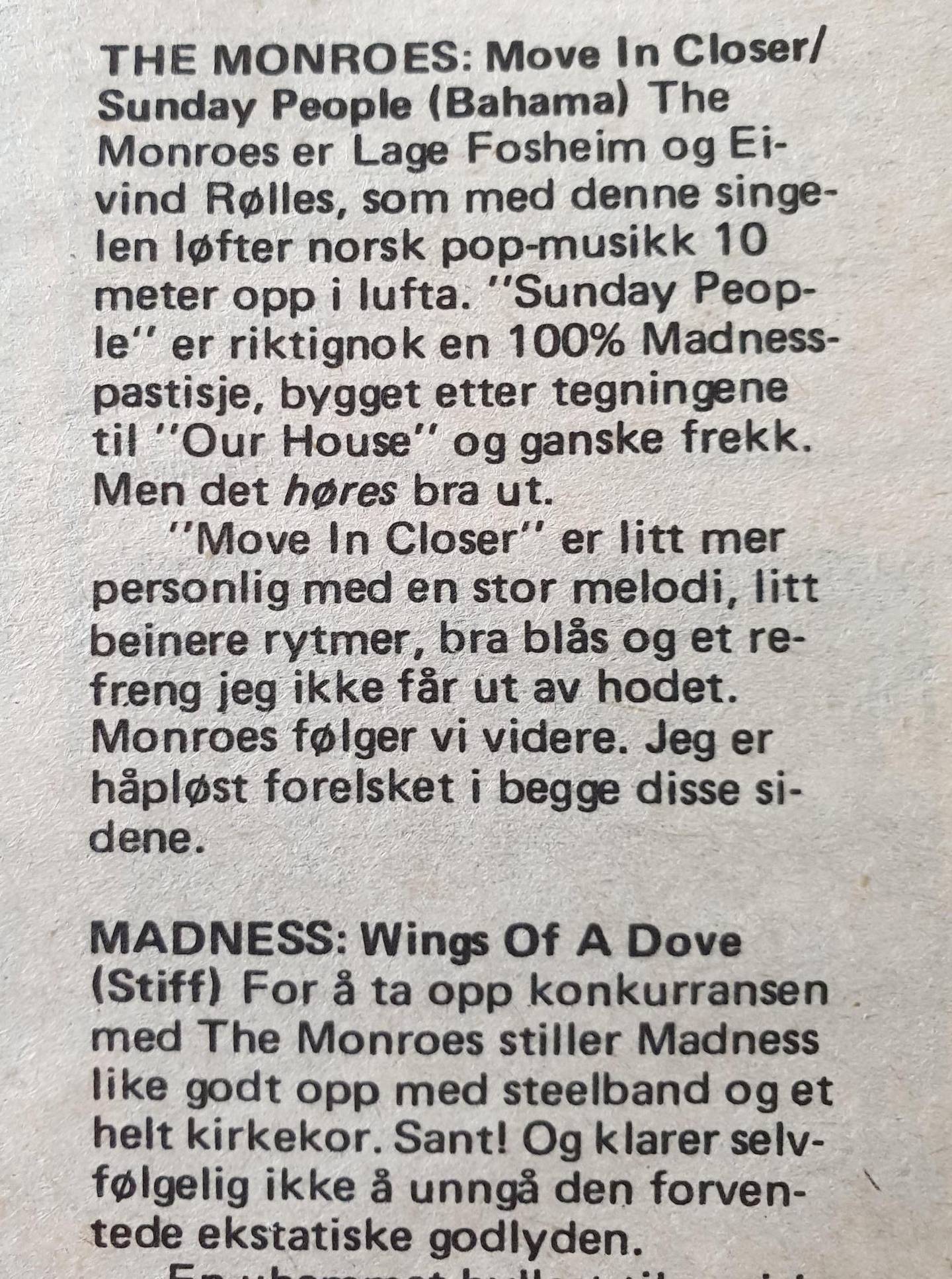 Anmeldelsen av den første singelen til The Monroes i Nye Takter i august 1983.