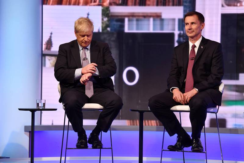 Boris Johnson and Jeremy Hunt appear on BBC TV's debate with candidates vying to replace British PM Theresa May, in London, Britain June 18, 2019. Jeff Overs/BBC/Handout via REUTERS ATTENTION EDITORS - THIS IMAGE HAS BEEN SUPPLIED BY A THIRD PARTY. NO RESALES. NO ARCHIVES. NOT FOR USE MORE THAN 21 DAYS AFTER ISSUE.