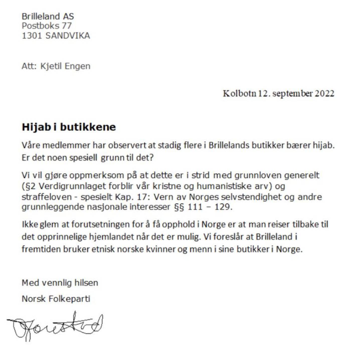Brevet fra Norsk Folkeparti.