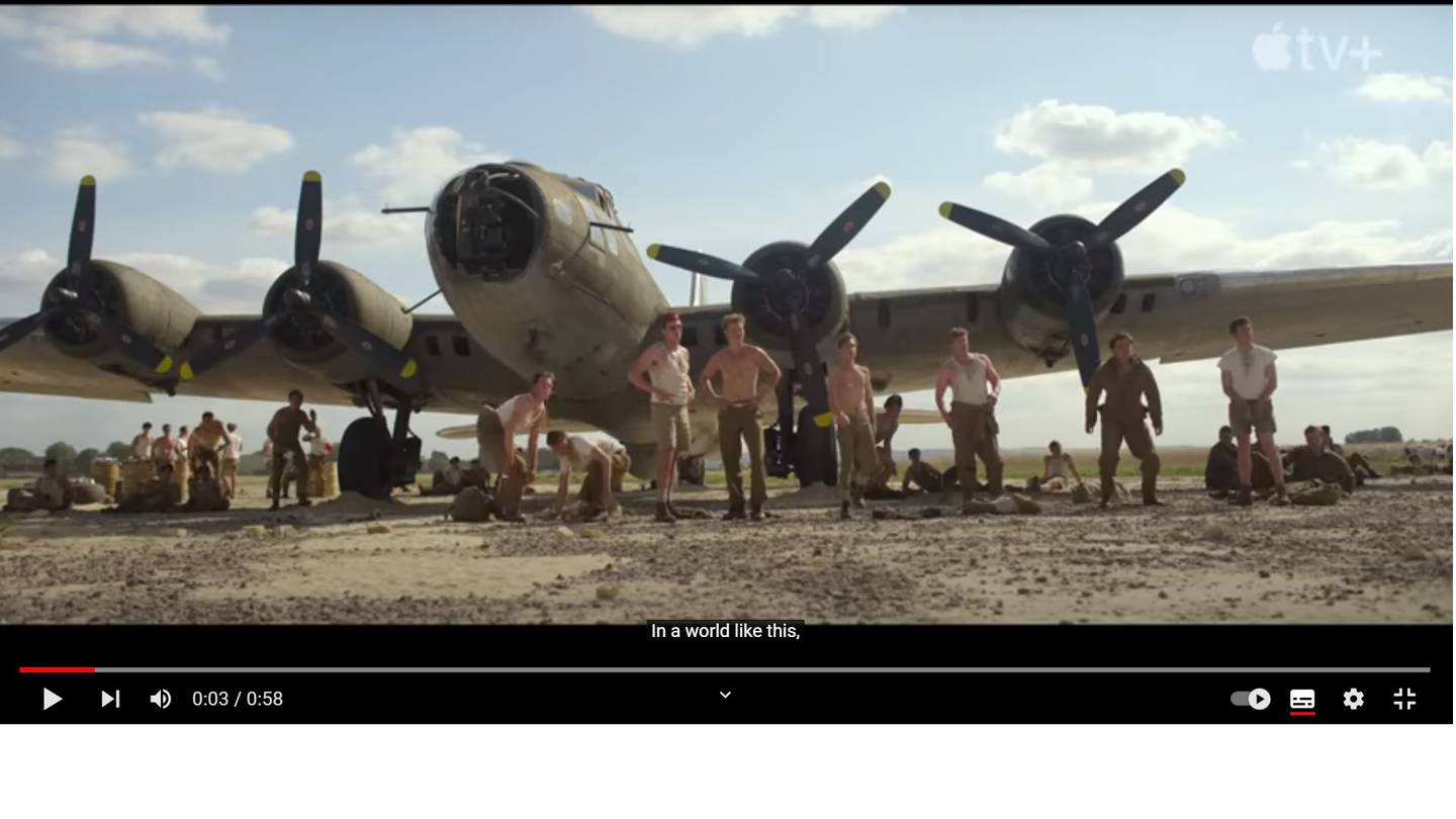 «Masters Of The Air»: Den forventede storserien fra AppleTV+, og den tredje krigsserien fra Tom Hanks og Steven Spielberg. Serien skildrer amerikanske piloter i kamp over Europa. Bildet er en skjermdump fra promotrailer AppleTV+ har sluppet.