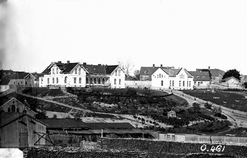 Bestyrerboliger 1864. Brødrene Jensens felles husvære til venstre og Knud Dahls bolig til høyre. I hagene skal det ha vokst mektige valnøttrær med uvanlig store valnøtter.