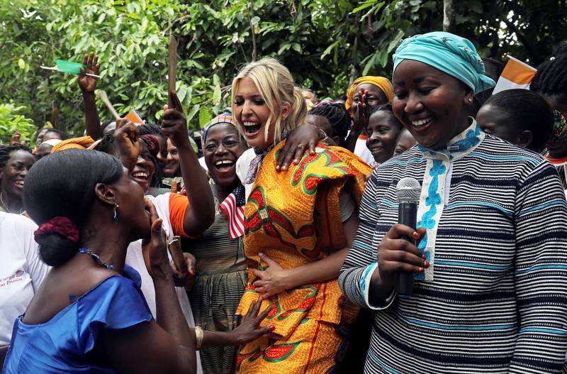 White House Advisor Ivanka Trump dances as she meets women entrepreneurs, at the demonstration cocoa farm in Adzope, Ivory Coast April 17, 2019. REUTERS/Luc Gnago     TPX IMAGES OF THE DAY