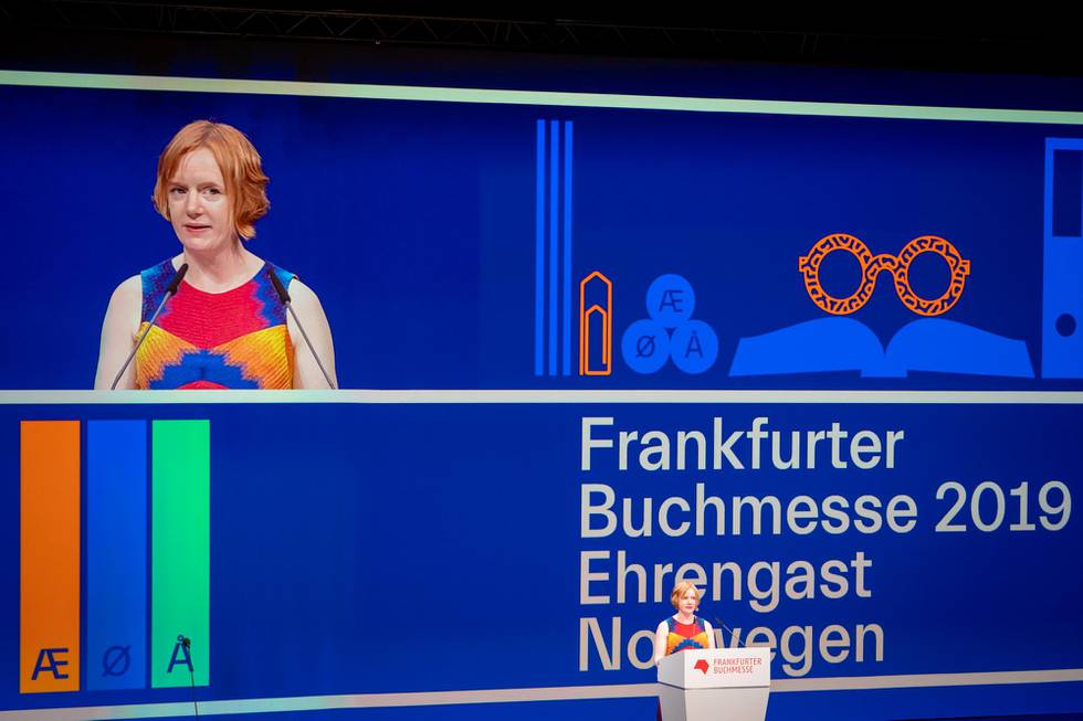 Frankfurt, Germany  20191015. 
Forfatter Erika Flatland holder tale under åpningen av den internasjonale bokmessen i Frankfurt.
Foto: Heiko Junge / NTB scanpix