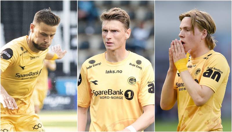 Bodø/Glimt-trioen Philip Zinckernagel, Kasper Junker og Jens Petter Hauge har alle vist seg giftige foran mål i Eliteserien. Søndag blir det opp til VIF å stoppe bodøværingene. Foto (montasje): NTB
