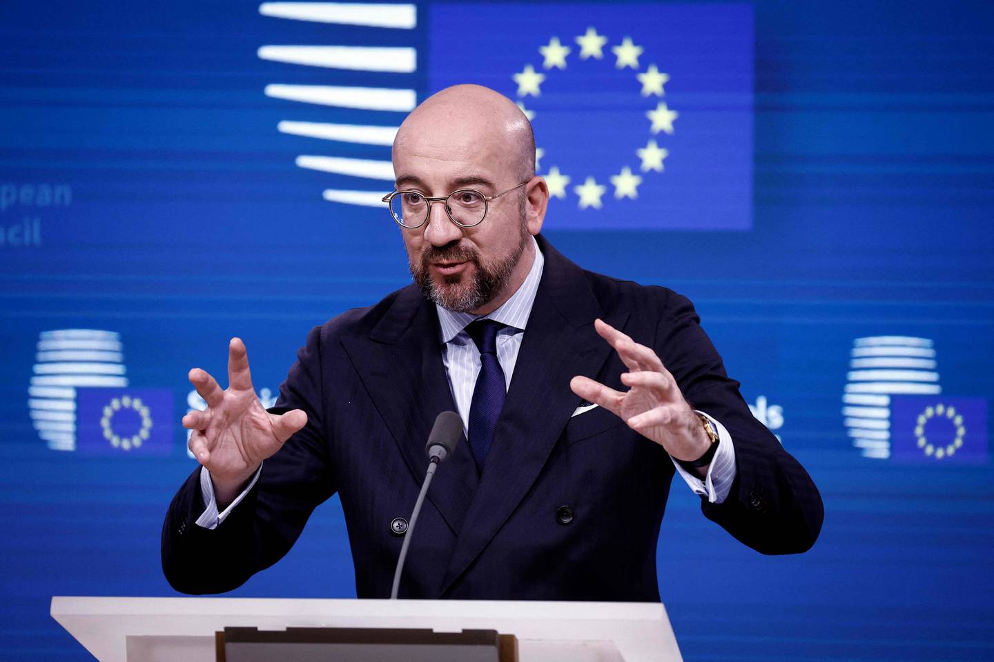 European Council President Charles Michel attends a press conference on the report on the future of the single market ahead of a European Council summit at the EU headquarters in Brussels on April 17, 2024. (Photo by Kenzo TRIBOUILLARD / AFP)
