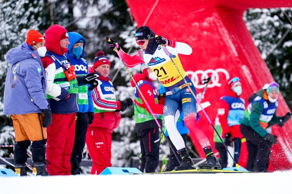 Johannes Høsflot Klæbo var raskest i prologen i sprinten i fri teknikk i Lillehammer. Foto: Fredrik Varfjell / NTB