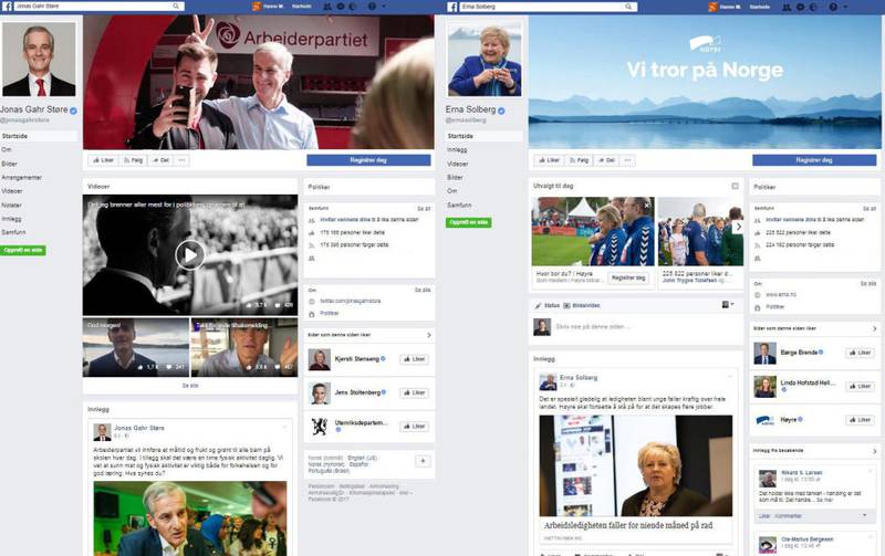 Utdrag fra statsministerkandidatenes Facebook-sider, som hver dag nesten renner over av politisk propaganda.