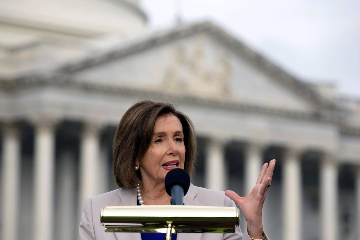 Speaker of the House Nancy Pelosi, D-Calif., speaks during the planting of a commemorative tree in honor of the former President Theodore Roosevelt on the grounds of the U.S. Capitol in Washington, on Wednesday, Oct. 30, 2019. (AP Photo/Jose Luis Magana)