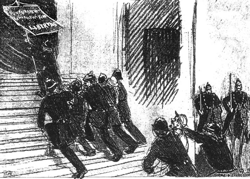 Fanen til den «anarkistisk-communistiske» gruppa «Libertas» ble beslaglagt også i 1892. Opptrinnet ble kommentert og illustrert i bladet Vikingen 19/1892.