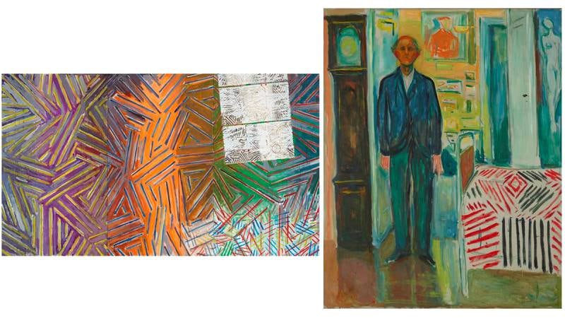 Edvard Munchs «Selvportrett mellom klokken og sengen» (1940–43) har uten tvil vært en inspirasjonskilde for Jasper Johns. Han er en av den amerikanske billedkunstens levende legender, og hans tre store malerier fra 1981–83, som alle heter «Between the Clock and the Bed», regnes som et høydepunkt i hans karriere. Etter disse bildene slutter han å bruke krysskraveringsteknikken. 