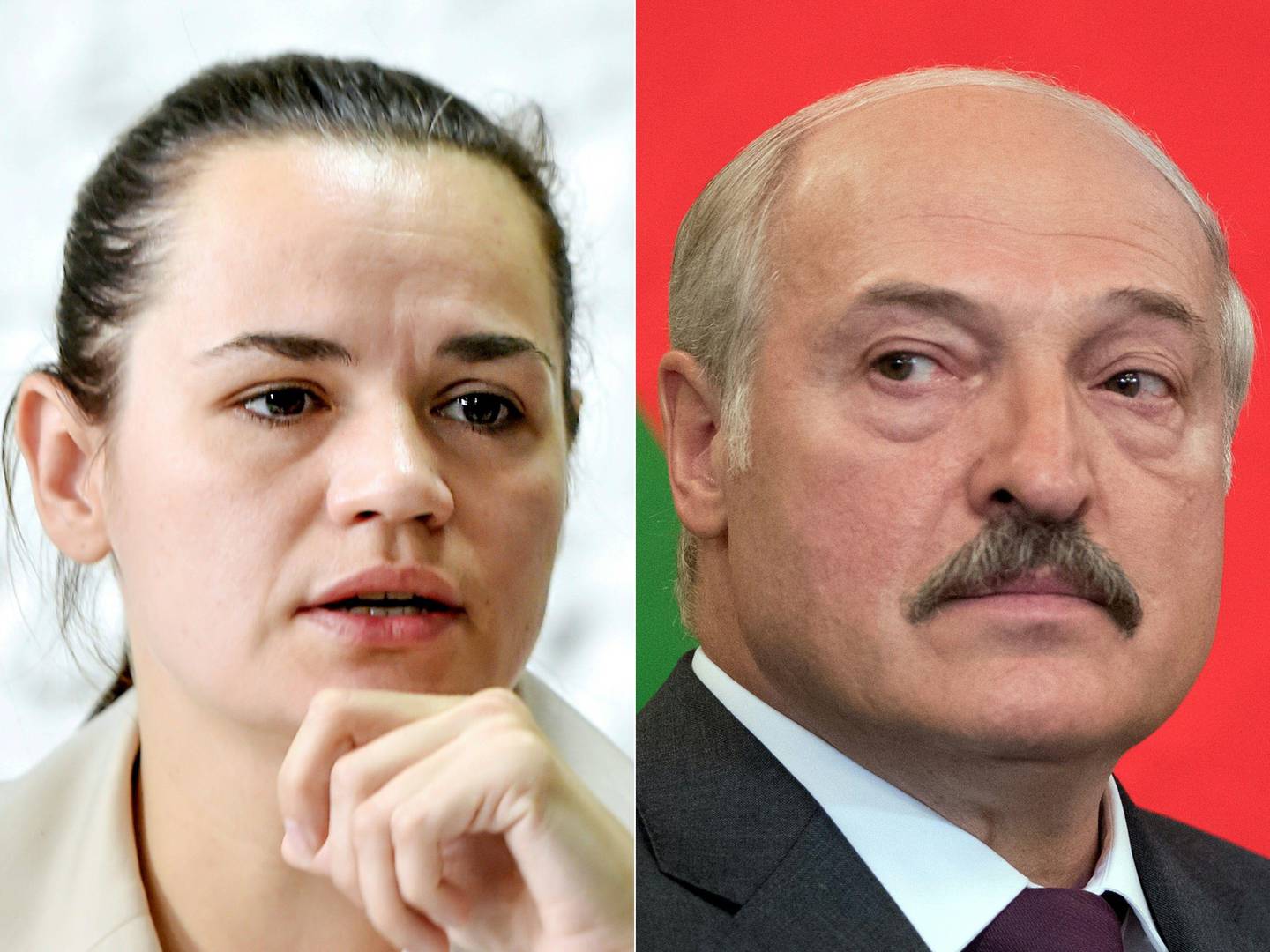 (COMBO) This combination of pictures created on August 17, 2020 shows presidential candidate Svetlana Tikhanovskaya (L) during a press conference the day after Belarus' presidential election in Minsk on August 10, 2020 and Belarus' President Alexander Lukashenko during a meeting with his Russian counterpart at the Kremlin in Moscow on June 30, 2017. - The main challenger in Belarus's disputed presidential election said on August 17, 2020 that she was ready to take over the country's leadership after a wave of protests against President Alexander Lukashenko. (Photos by Sergei GAPON and Sergei GUNEYEV / various sources / AFP)