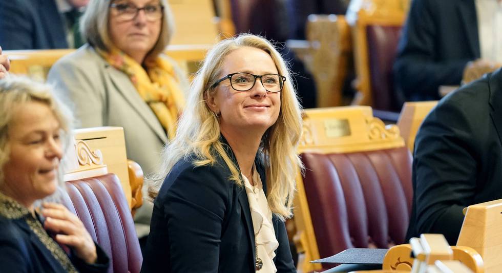 Arbeids- og sosialminister Anniken Hauglie (H) under den muntlige spørretimen i Stortinget onsdag.