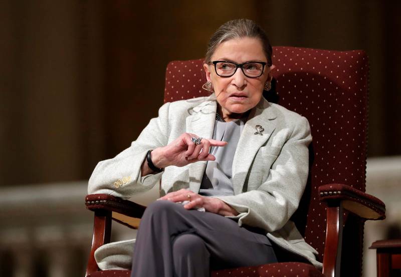 FILE - In this Feb. 6, 2017 file photo, Supreme Court Justice Ruth Bader Ginsburg speaks at Stanford University in Stanford, Calif. "My most fervent wish is that I will not be replaced until a new president is installed." The quote from Ginsburg's statement dictated to granddaughter in September 2020, holds the number six spot on the Yale Law School librarian's list of the most notable quotes of 2020.. (AP Photo/Marcio Jose Sanchez, File)