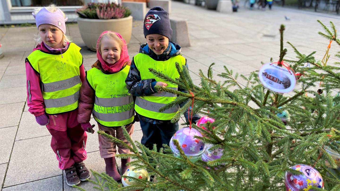 Hanna, Angelica og Ivo (alle 5) fra Vaterland barnehage viser fram juletreet de har pyntet i gågata i Fredrikstad.