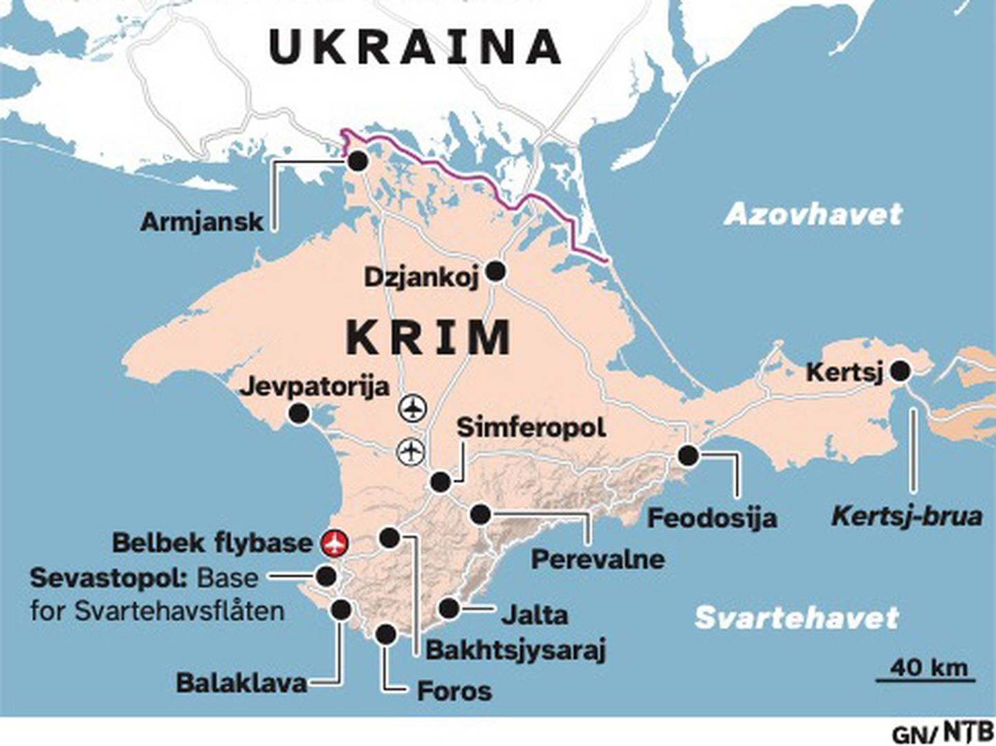 Kart over den annekterte ukrainske Krim-halvøya, som Russland og Putin tok i 2014.