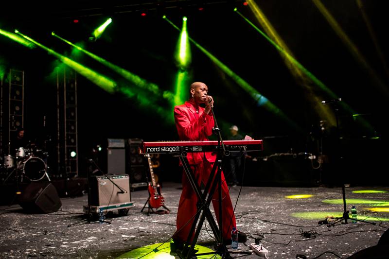 Nakhane Toure, singer and actor from the controversial movie 'Inxeba' performs during the Bassline Fest at Constitution Hill in Johannesburg to celebrate Africa Day on May 26 2018.  / AFP PHOTO / Gulshan Khan / GULSHAN KHAN