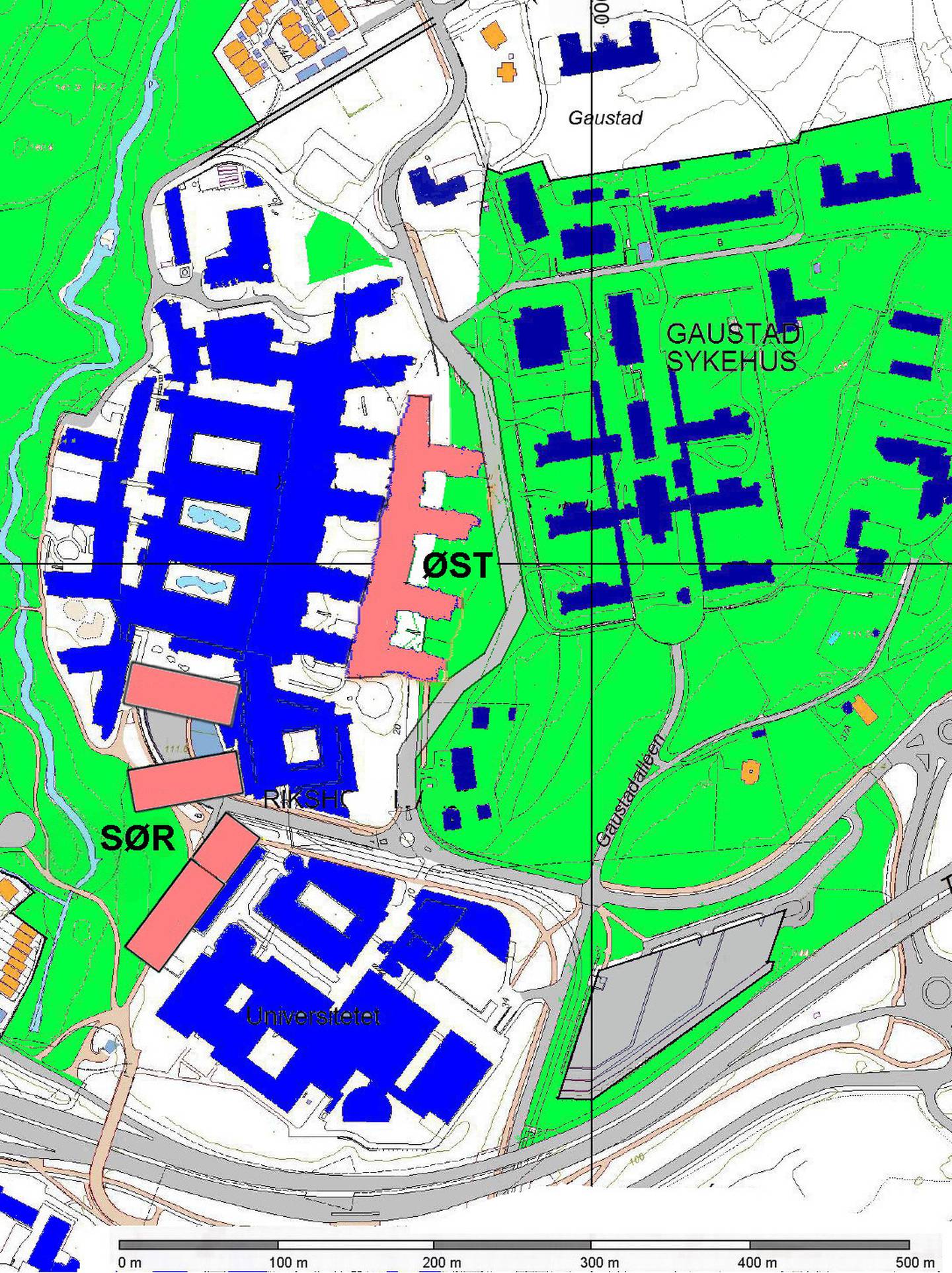 Utvidelse (rosa) av Rikshospitalet: I ØST med ca. 25.000 m2 som bebyggelse i 3 etasjer og i SØR med 150.000 m2 svarende til 25 etasjer.