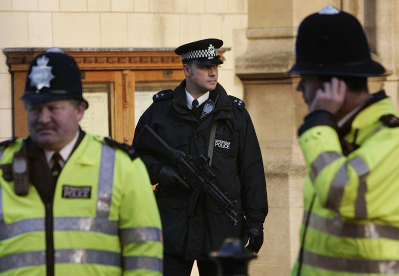 British police officers stand guard outside the House of Parliament in central London, Monday Nov. 21, 2005. British Prime Minister Tony Blair's proposed anti-terror legislation faces further scrutiny in the House of Lords Monday. The legislation has already been mauled by the House of Commons, which earlier this month threw out a plan to detain terror suspects for 90 days without charge, opting instead for a 28-day period. (AP Photo/Lefteris Pitarakis)