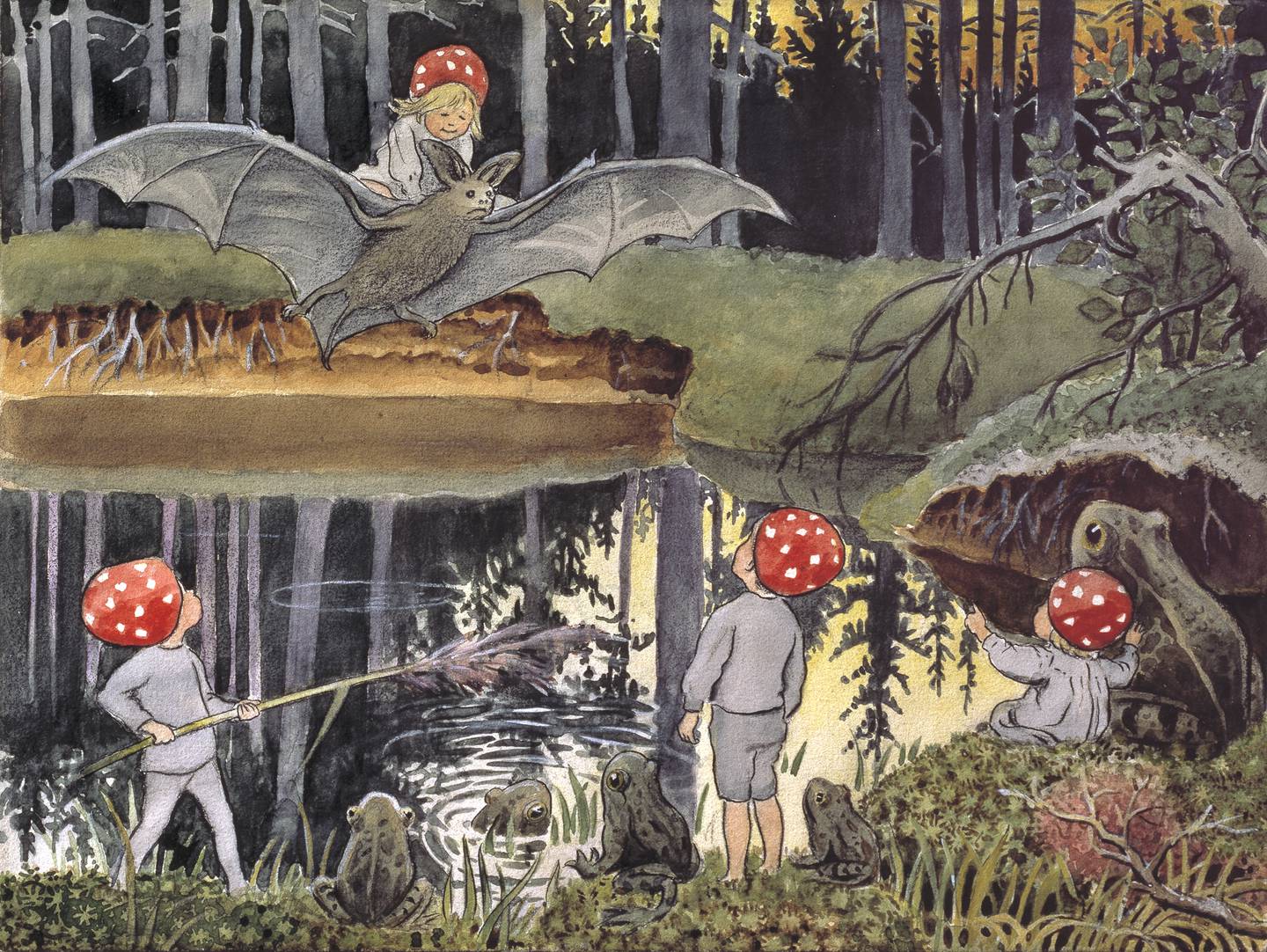 Halvt norske Elsa Beskow var en meget aktiv barnebokforfatter. Hun illustrerte bøkene selv, som denne akvarellen fra «Smånissene» (1910).