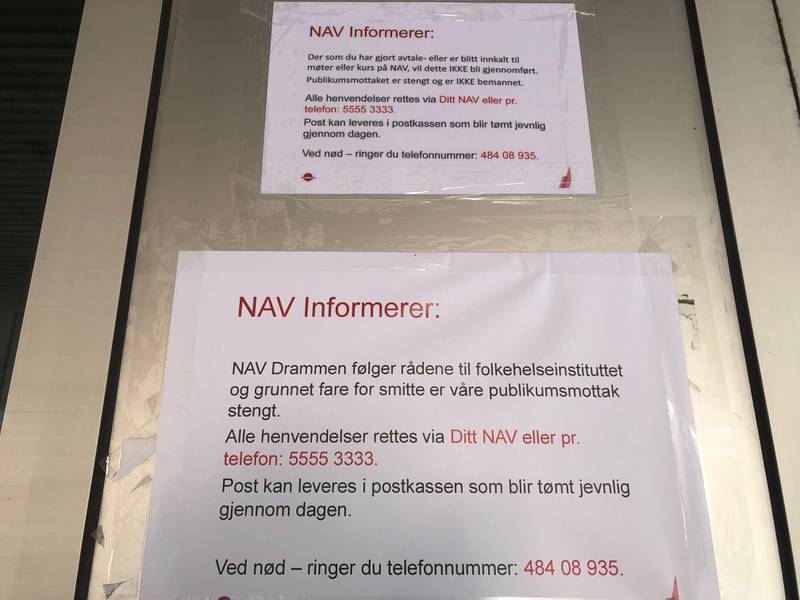 NAV-huset i Drammen er stengt på grunn av smittefaren, men NAVs digitale løsninger sørger for at de ansatte kan jobbe hjemmefra.