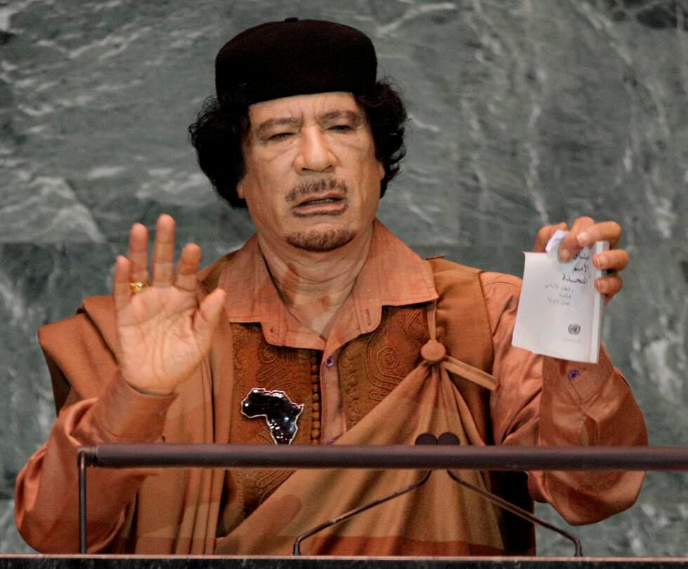 Libyas leder Muammar Gaddafi i FN-bygget i 2009. I 2011 ble han drept.