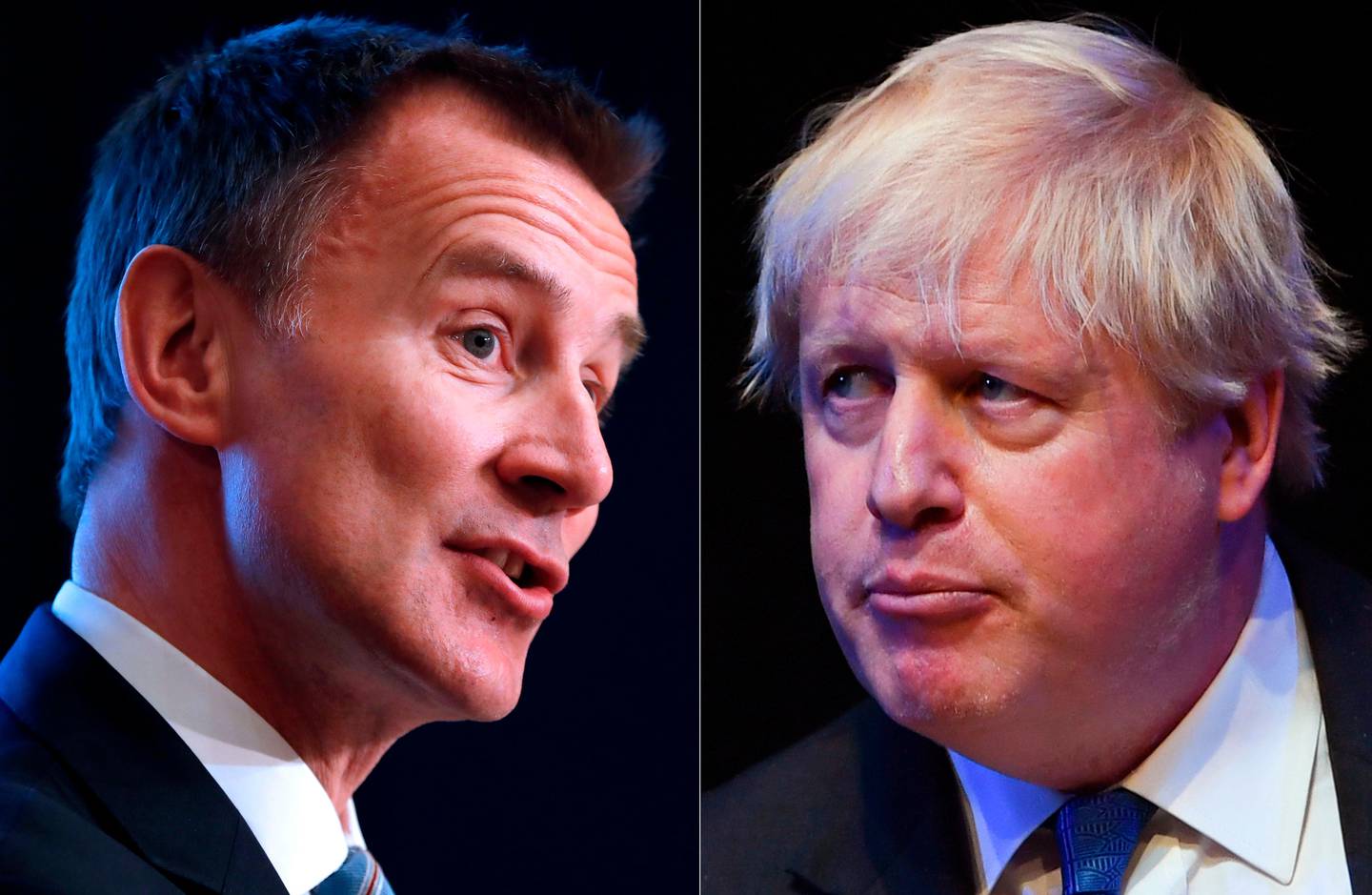 (FILES) In this file photo taken on February 20, 2019 A combination of file pictures created in London on June 21, 2019 shows Britain's Foreign Secretary Jeremy Hunt (L) giving a speech at the Konrad-Adenauer foundation in Berlin on February 20, 2019  and British Conservative Party politician Boris Johnson (R) giving a speech during a fringe event on the sidelines  of the Conservative Party Conference 2018 at the International Convention Centre in Birmingham, on October 2, 2018. - The new leader of the Conservative Party and new UK Prime Minister will be announced on July 23, 2019. (Photo by Odd ANDERSEN and Paul ELLIS / AFP)