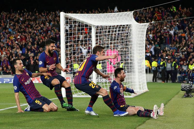 Soccer Football - Champions League Semi Final First Leg - FC Barcelona v Liverpool - Camp Nou, Barcelona, Spain - May 1, 2019  Barcelona's Lionel Messi celebrates scoring their third goal with Sergi Roberto, Luis Suarez and Sergio Busquets   REUTERS/Susana Vera       TPX IMAGES OF THE DAY