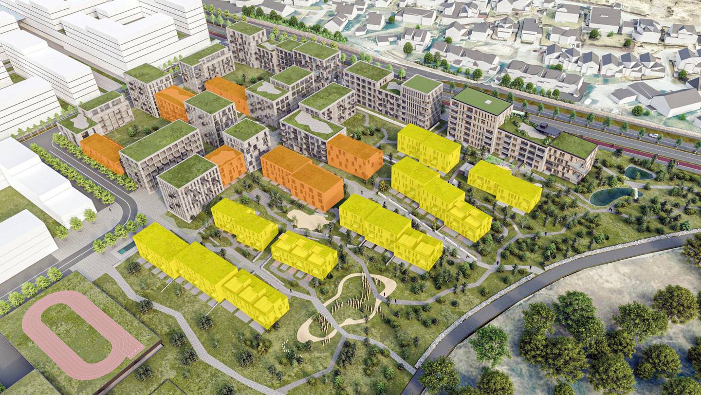 Utbyggers nye forslag. De gråbrune boligene er leiligheter. Boligene markert med oransje er såkalte byhus, og de gult markerte er rekkehus.