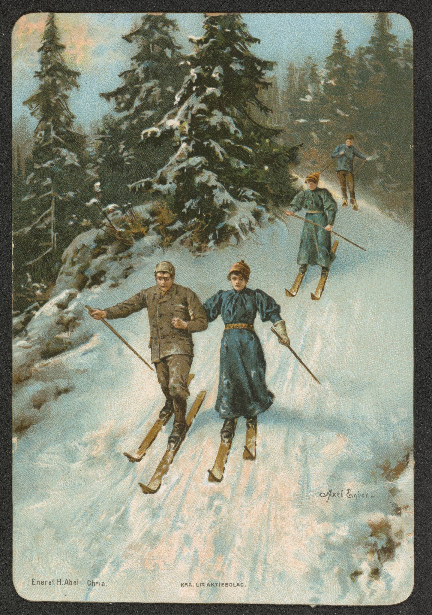 Fire skiløpere i godt godt vær. (Bilde: Aksel Ender/H. Abel, Nasjonalbiblioteket)