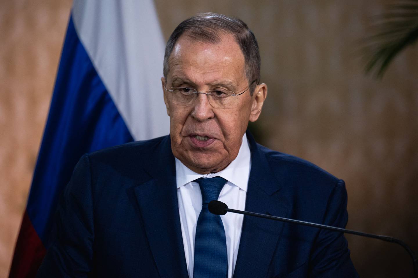 Russian Foreign Minister Sergei Lavrov speaks during a press conference at the Foreign Ministry in Caracas on February 20, 2024. (Photo by Gabriela Oraa / AFP)