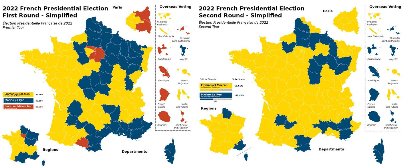 Et forenklet valgkart over resultatet i første (venstre) og andre (høyre) valgomgang i det franske presidentvalget. Emmanuel Macron vant i de gule områdene, Marine Le Pen i de blå og jean-Luc Melenchon i de røde.
