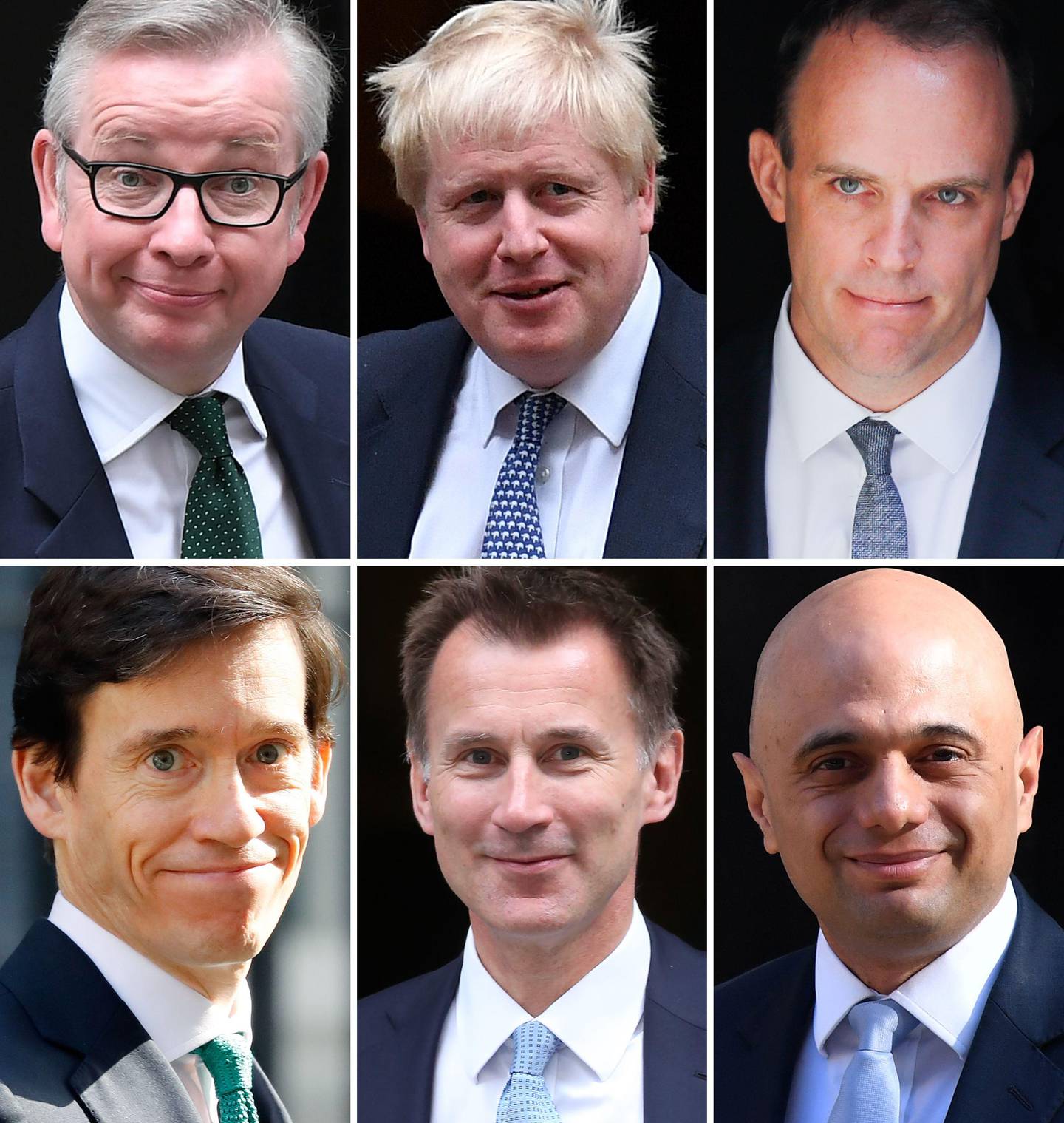 A combination of pictures created in London on June 14, 2019 shows the six contenders left in the race for leader of the Conservative party (top L-R) Britain's Environment, Food and Rural Affairs Secretary Michael Gove, former foreign secretary Boris Johnson, Former Brexit Secretary Dominic Raab (bottom L-R) Britain's International Development Secretary Rory Stewart, Britain's Foreign Secretary Jeremy Hunt and Britain's Home Secretary Sajid Javid. - The field of contenders vying to become Britain's next prime minister narrowed to six today when Health Secretary Matt Hancock withdrew from the contest. (Photo by STF / AFP)