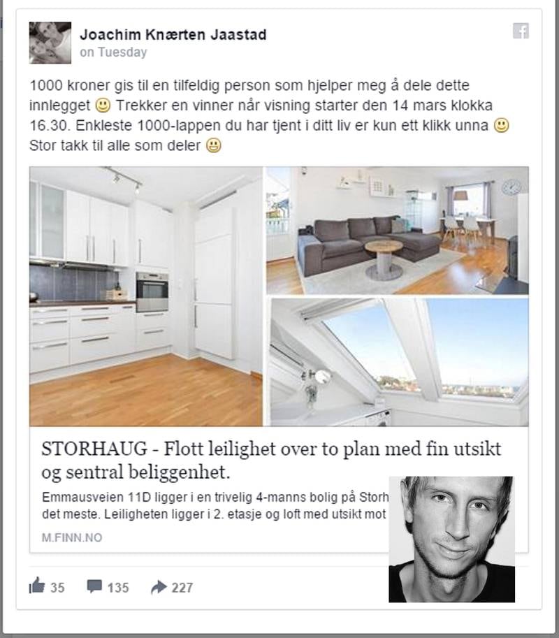Boligmarkedet i Stavanger er trått om dagen. Det får boligselgere til å gå nye veier i jakten på              potensielle kjøpere. Joachim Jaastad tilbyr 1000 kroner til én av dem som deler boligannonsen hans fra Finn på Facebook. Skjermdump fra Facebook