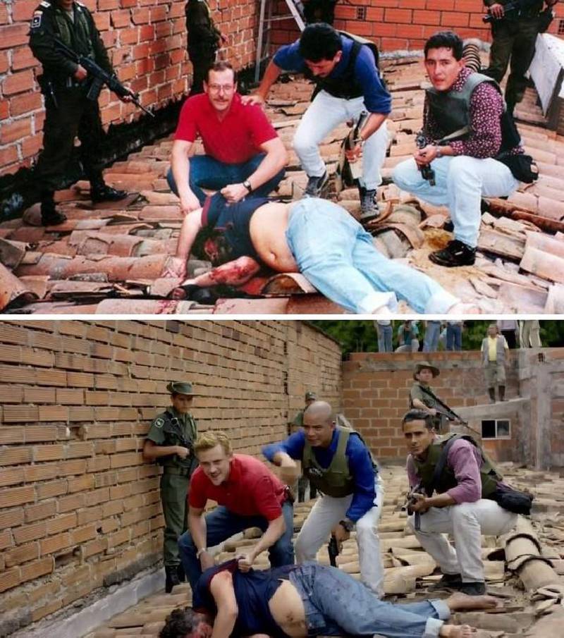 Hvem som leverte det tredje og siste skuddet den 2. desember 1993 da Pablo Escobar døde i en skuddveksling med kolombianske politistyrker, er det ingen som vet. Flere personer har tatt æren for det, men familien er overbeviste om at han begikk selvmord. Det øverste bildet er tatt rett etter at han døde, og det nederste er Netflix-seriens gjenskapning av hendelsen. På bildet sees DEA-agent Steve Murphy i rød t-skjorte til venstre.