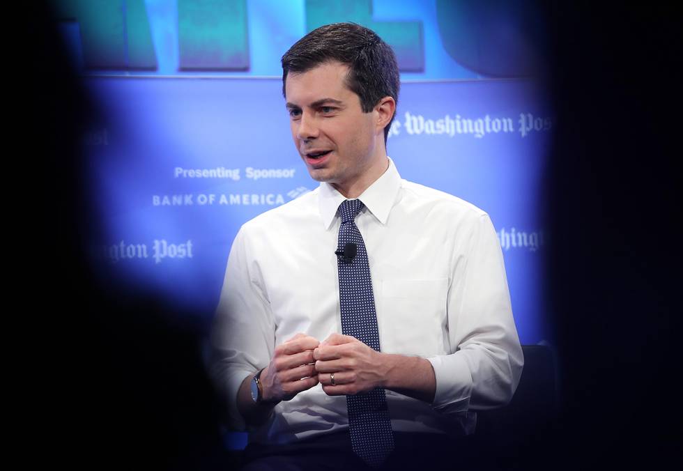 WASHINGTON, DC - MAY 23: Democratic presidential candidate Mayor Pete Buttigieg answers questions at a Washington Post Live discussion May 23, 2019 in Washington, DC. Buttigiegs appearance was the first of the Washington Posts 2020 Candidates series of discussions.  Win McNamee/Getty Images/AFP
== FOR NEWSPAPERS, INTERNET, TELCOS & TELEVISION USE ONLY ==