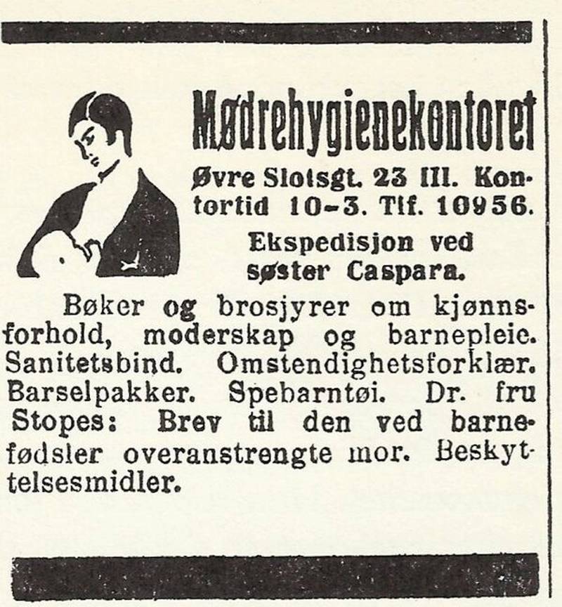 Annonse for det første Mødrehygienekontoret, som åpna i Kristiania i 1924.