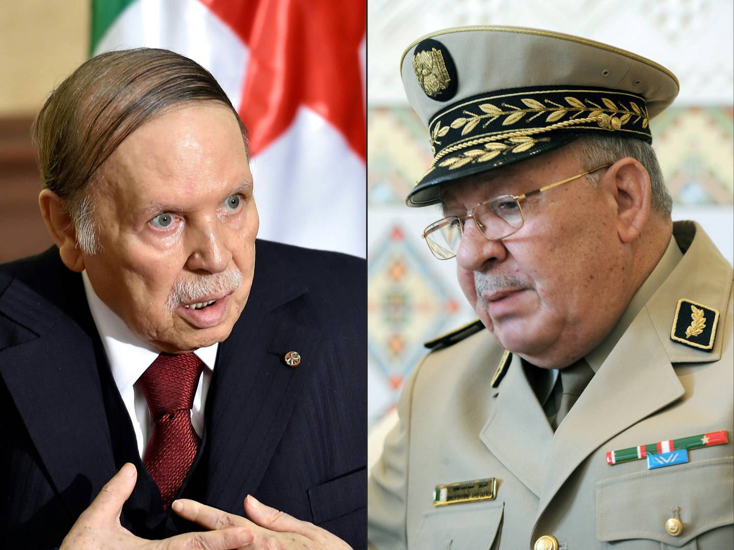 (COMBO) This combination of pictures created on March 26, 2019 shows
Algerian President Abdelaziz Bouteflika (L) during an official visit to Zeralda, a suburb of the capital Algiers on April 10, 2016, and Algeria's Chief of Staff General Ahmed Gaid Salah at the Houari-Boumediene International Airport in Algiers, on May 20, 2014. - Algeria's chief of staff called today for Bouteflika to be declared unfit to govern, following weeks of mass protests demanding the ailing leader to step down. (Photos by Eric FEFERBERG and Farouk Batiche / AFP)