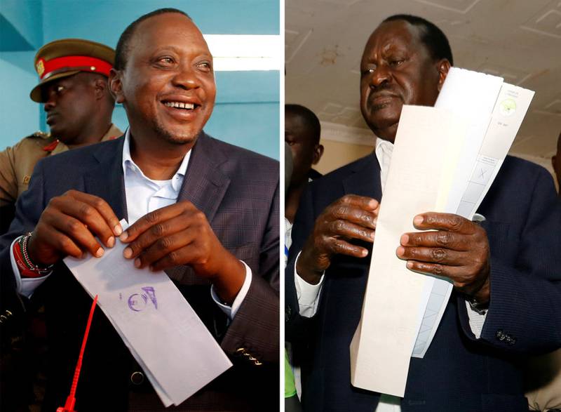 Sittende president Uhuru Kenyatta og opposisjonsleder Raila Odinga.
