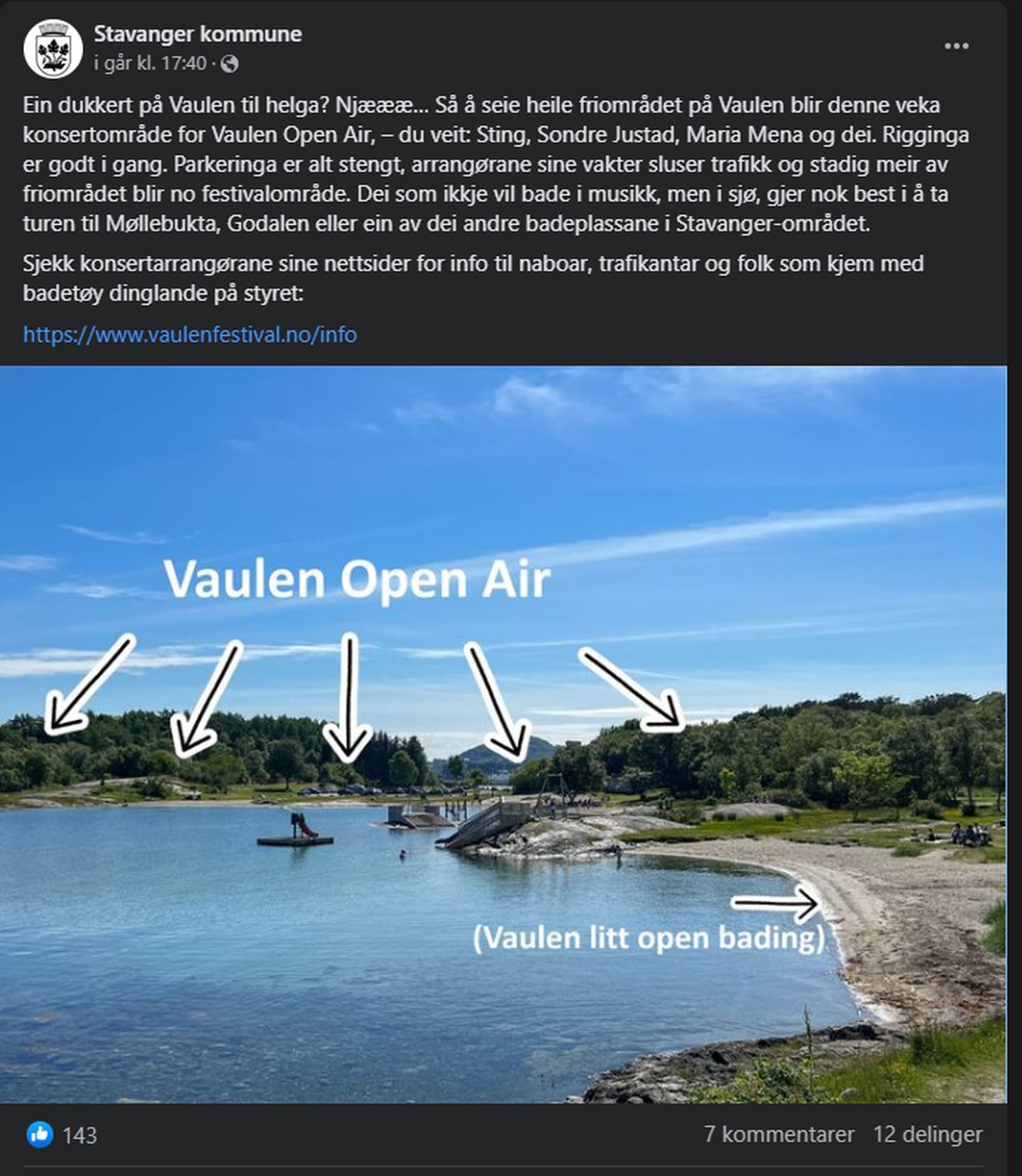 Stavanger kommune har delt informasjon på sine nettsider. Her fra Facebook-profilen til kommunen.